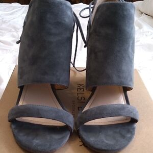 Kelsi Dagger Blue and Gray Heels with Ankle High Shaft and Open-Toe Design